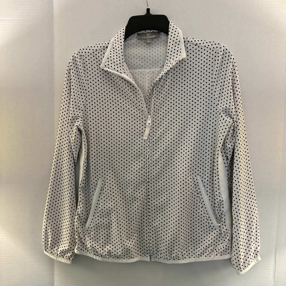T by Talbots Track Jacket Womens Petite P White Polka Dot Full Zip Preppy Active